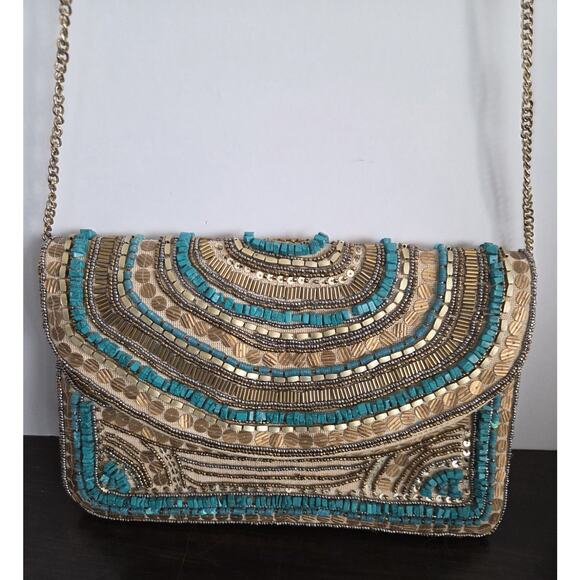 Unbranded Handbags - Gold & Turquoise Beaded Clutch / Crossbody Bag Gold Chain Strap Boho Western